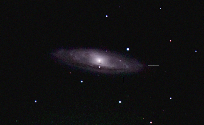 M65 w/super nova; M65 - mag 10.1; size 8.1 x 2.1'; Supernova ~mag 15; Canon 60Da; ISO3200; exp 27-min (90 sec subs); C9.25 @f/7.7; 3-30-13; Pemberton Lake