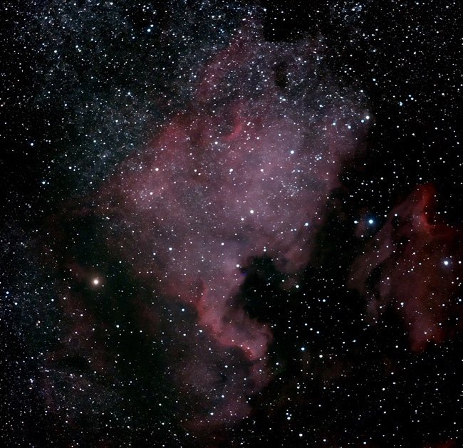 North American neb (NGC 7000); mag 4; size 120'; exp 56min (84x40sec); Canon 200mm f/2.8 lens; ISO1600, IDAS; Coyle; 8-7-10